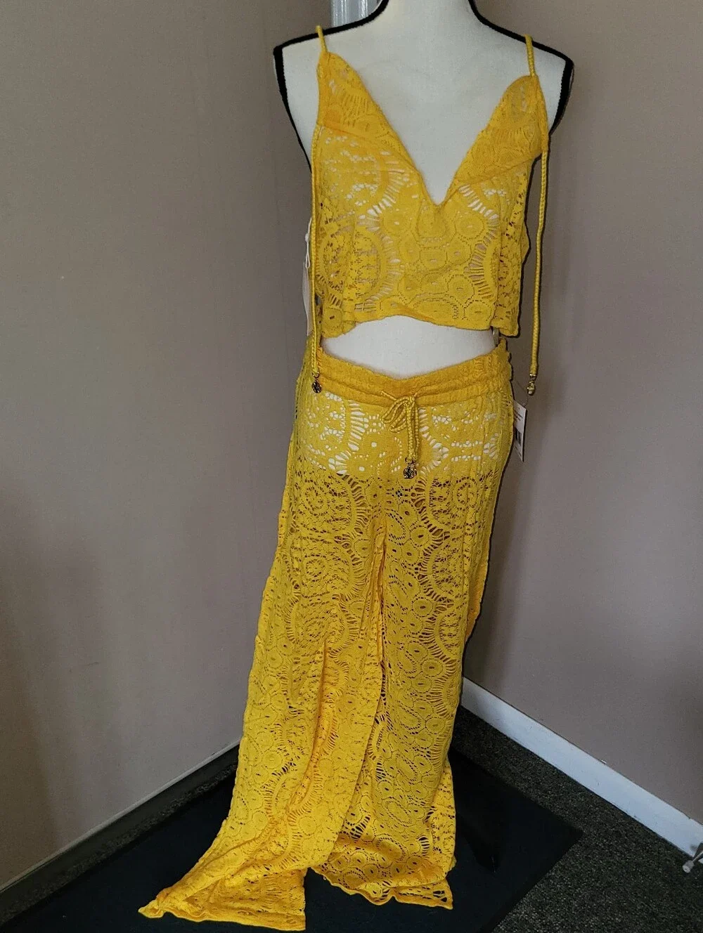 Yellow Crochet Lace Swim Coverup Set - Crochet Slitted Pants & Crop Top
